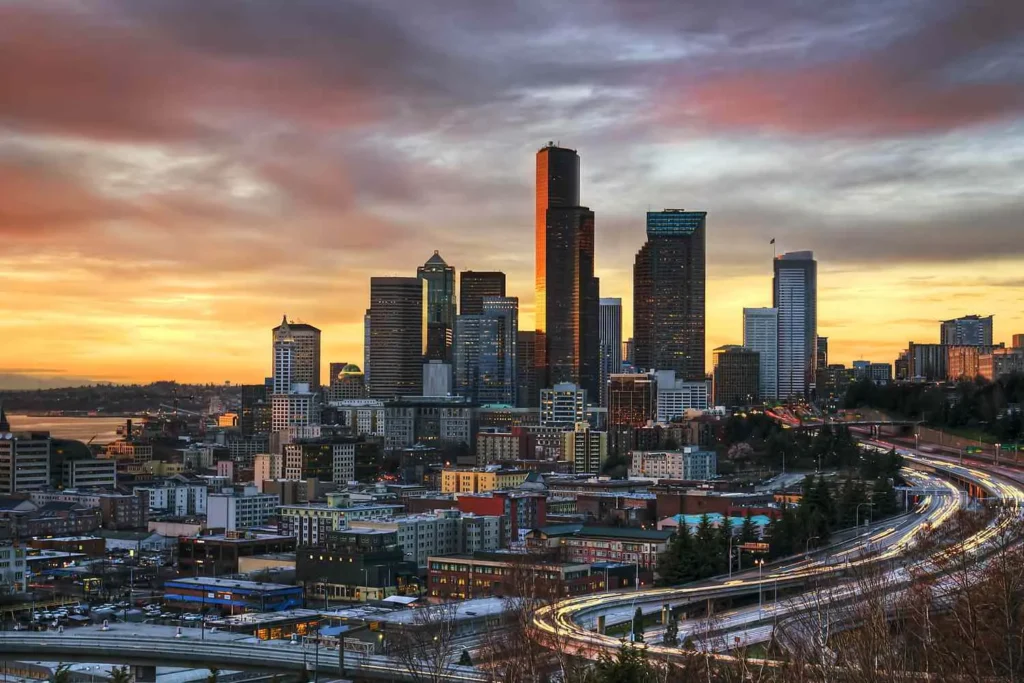 Seattle skyline at sunset over the Puget Sound region