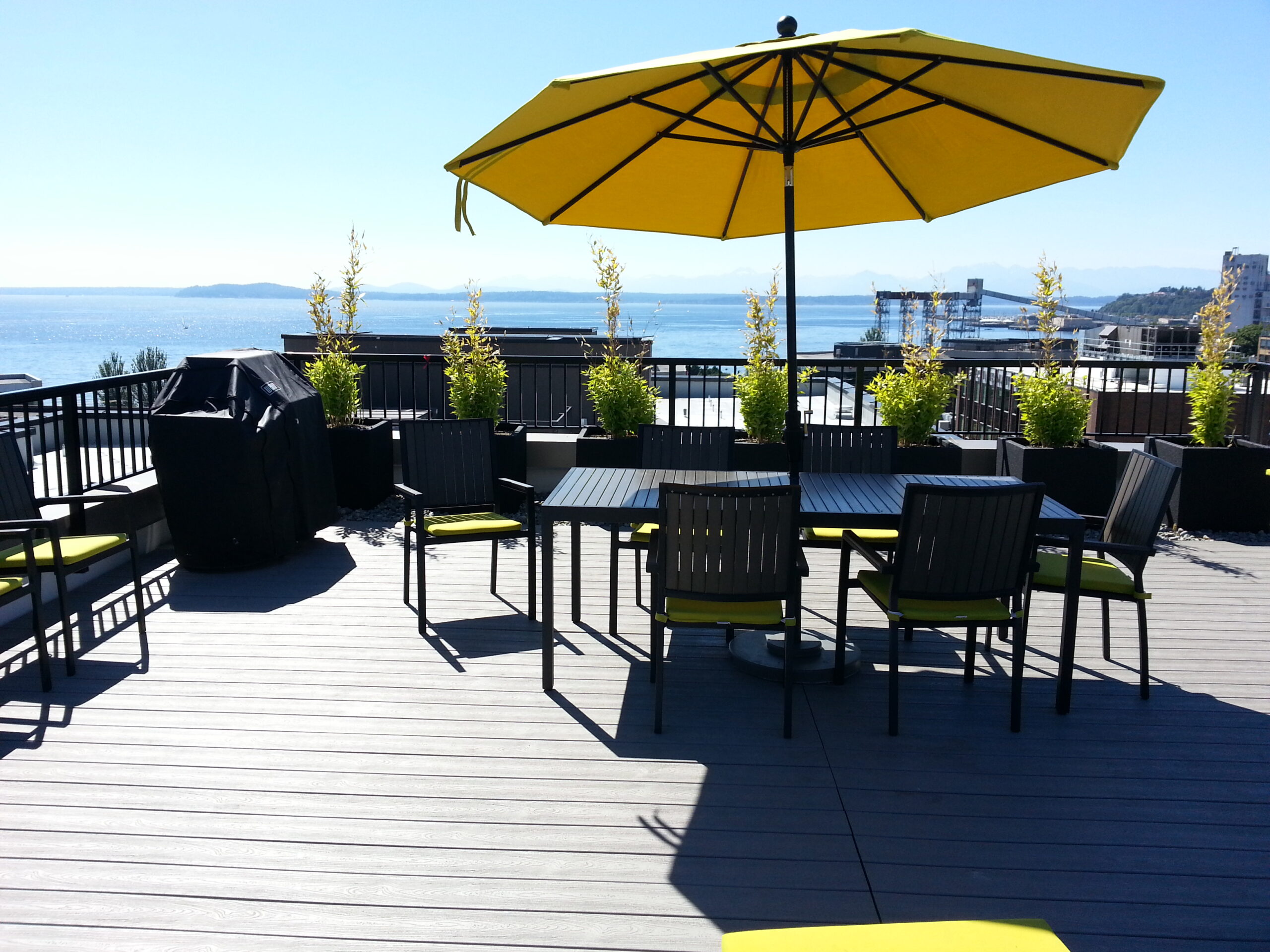 Rooftop deck amenity with a Puget Sound view in Seattle