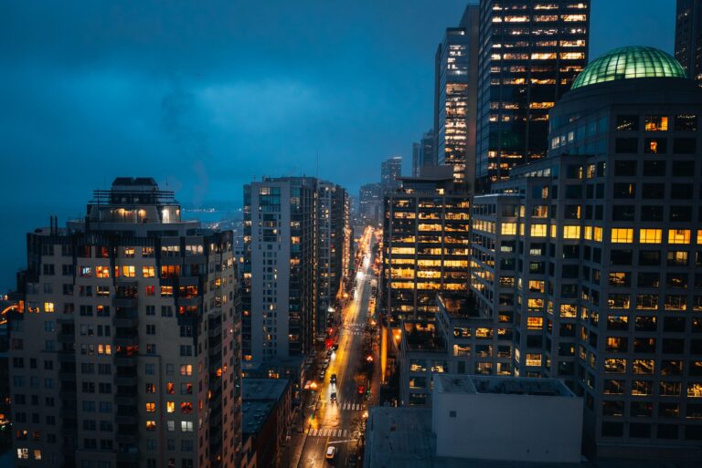 Seattle apartment building on a rainy autumn evening