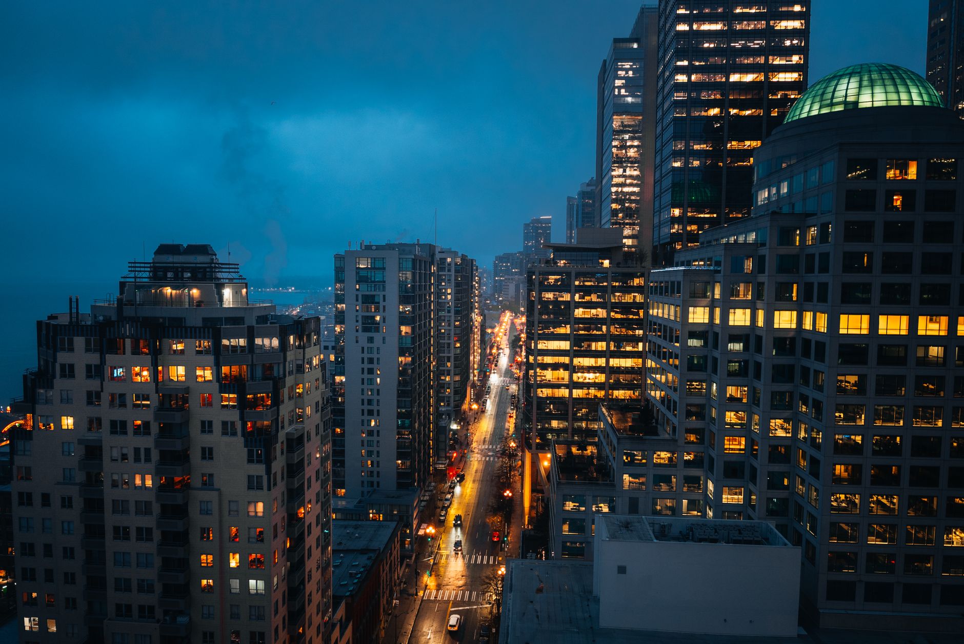 Seattle apartment building on a rainy autumn evening