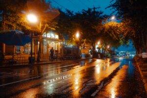 Apartment buildings on a Seattle street in autumn rain