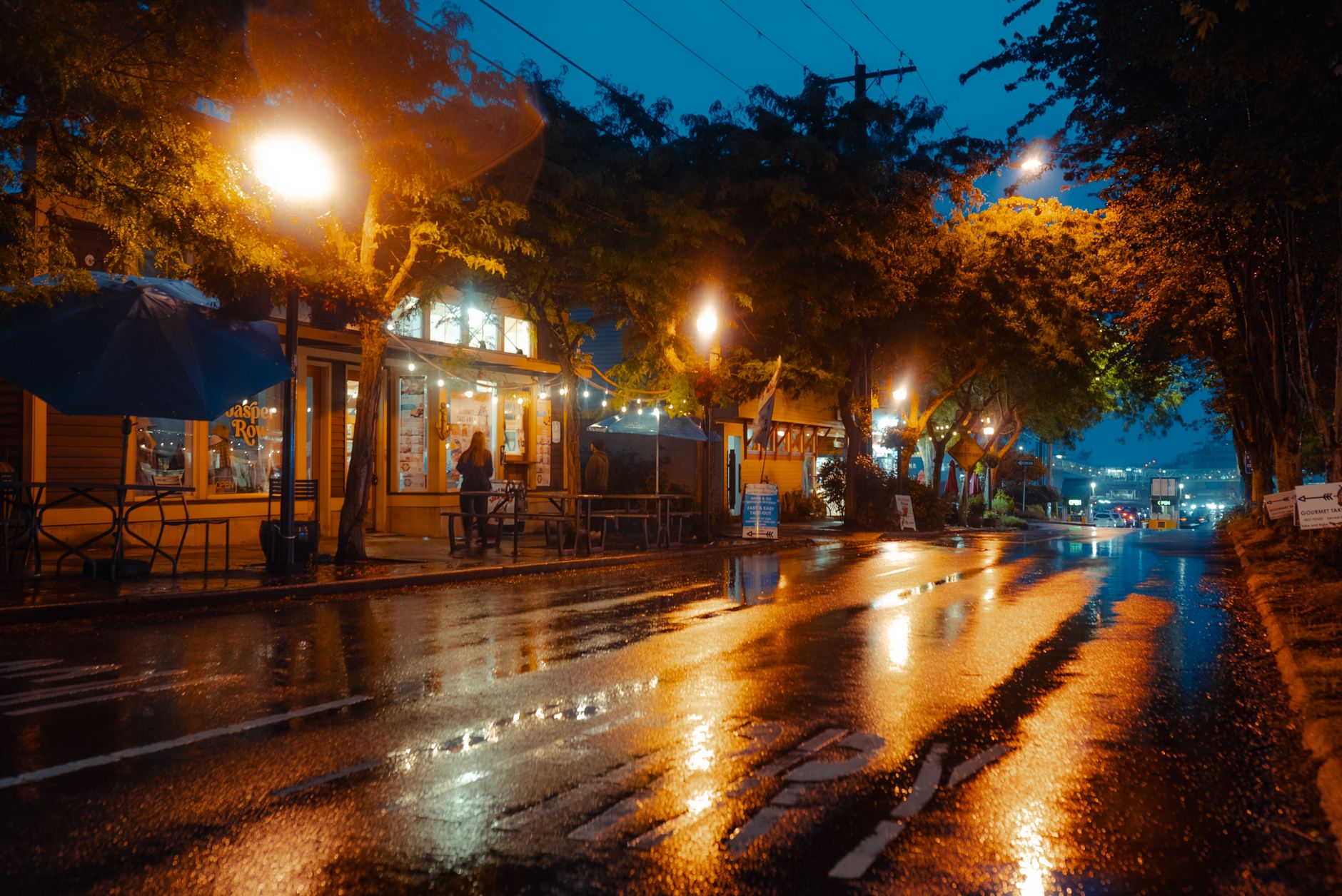 Apartment buildings on a Seattle street in autumn rain
